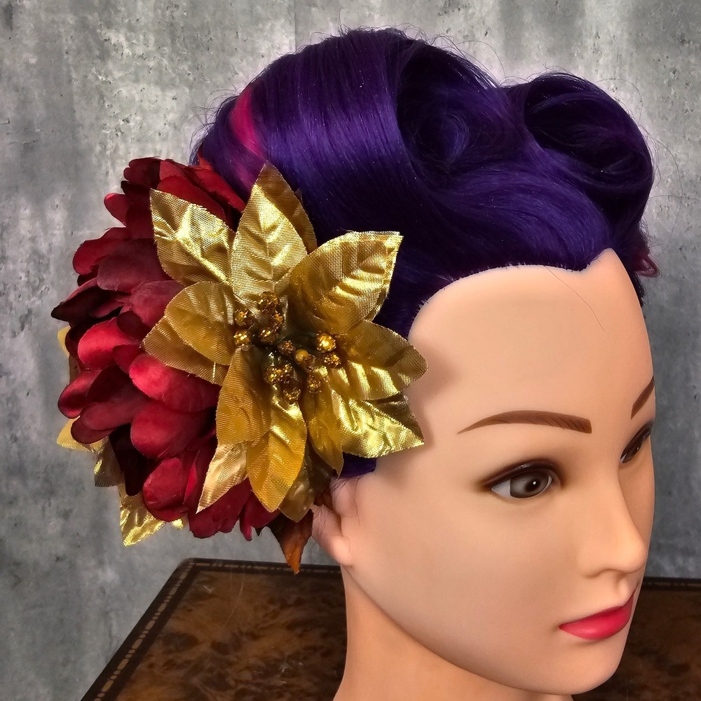 Handmade‎ Red Peony & Gold Poinsettia Hair Flower Clip Pinup Rockabilly Holiday